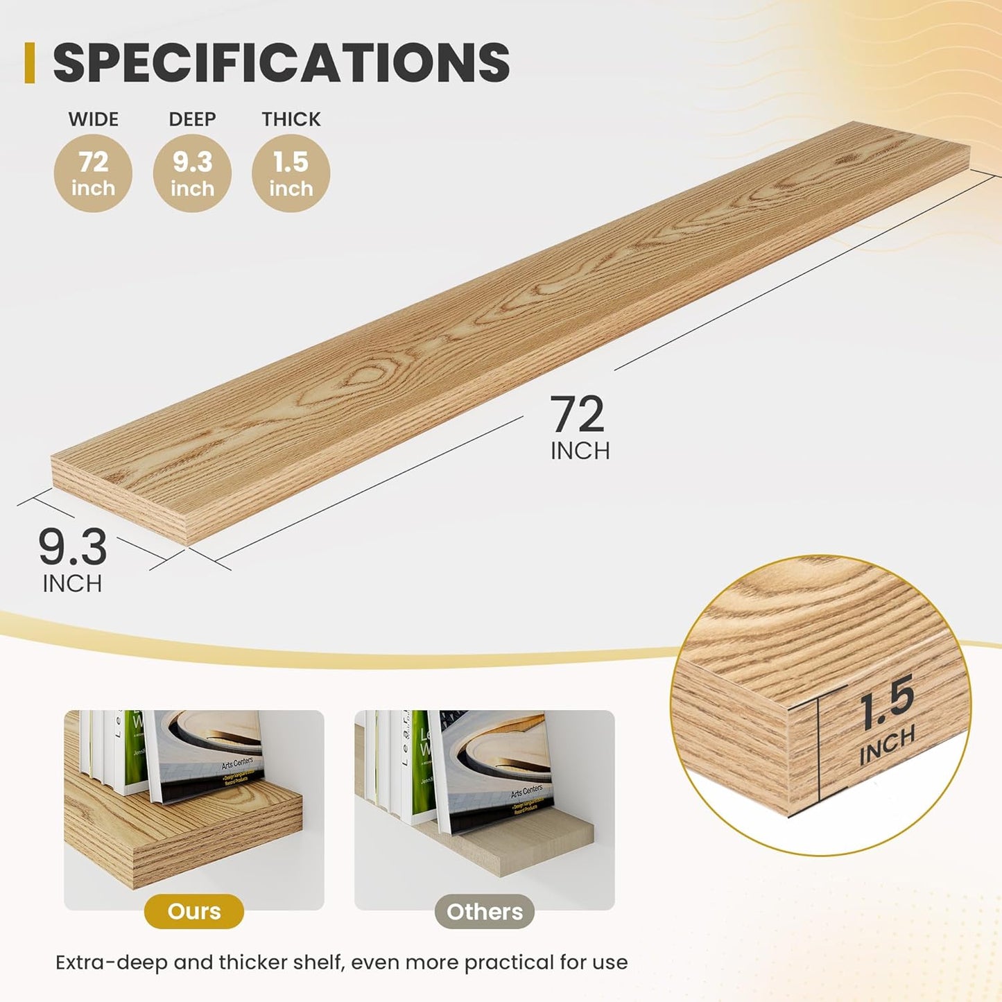 72 Inch Floating Shelves, 9.3" Deep Floating Shelf Wall Mounted, 72" Wall Shelves, Rustic Deep Bookshelf, Large Display Shelves & Storage Shelves for Bedroom, Living Room, Light Brown, Set of 1