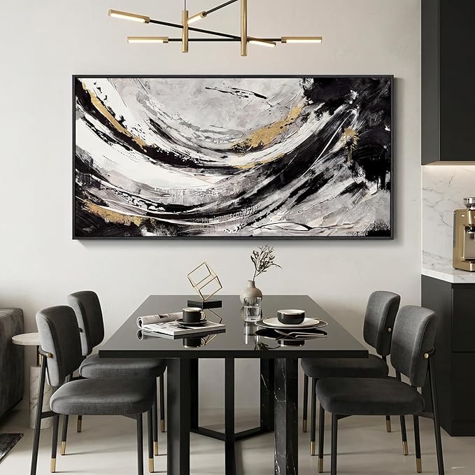 Large Framed Abstract Wall Art for Living Room, Horizontal Black Gold and White - Image 5