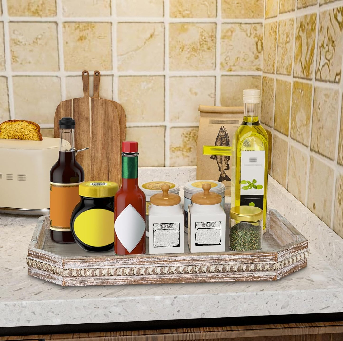 MAONAME Wood Serving Tray, Farmhouse Wooden Tray for Coffee Table, Octagonal Beaded Trays, Washed White Decorative Trays for Living Room, Kitchen, 15.7" X 10.2" X 1.6"