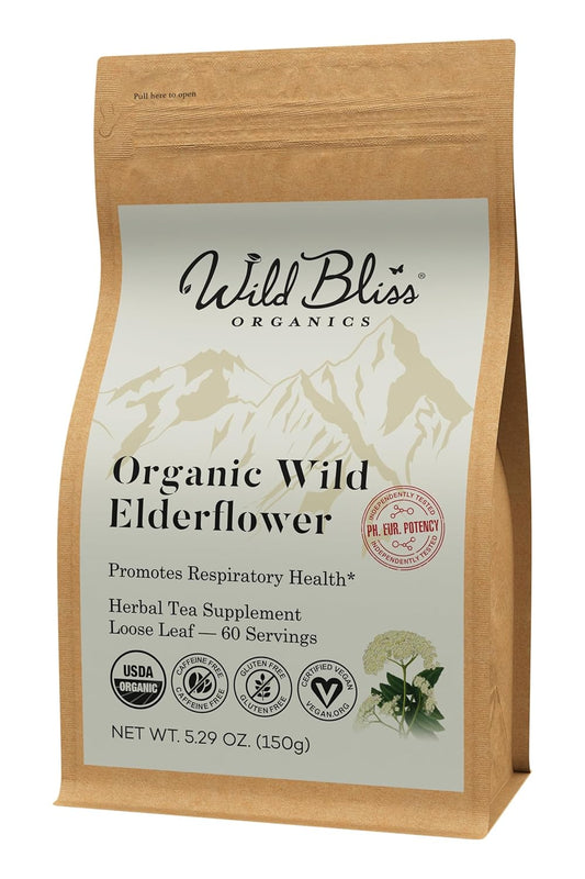 Wild Bliss Organic Elderflower Tea – Immune and Respiratory Support - Caffeine Free Loose Leaf Elder Flowers - 5.29 Ounces - 60 Servings