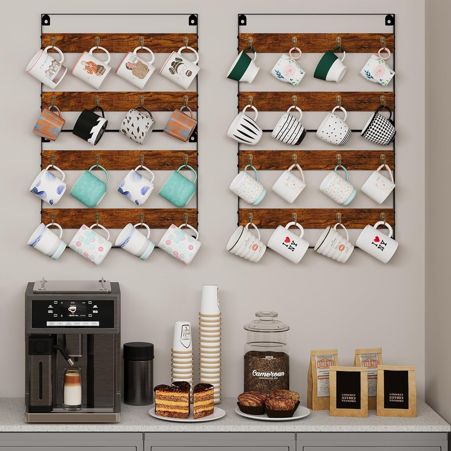Mug Racks for Wall, Coffee Mug Holder Wall Mount Up to Hold 24 Mugs, Coffee Mug Rack Wall Mounted（3Pack） for Kitchen, Home, Coffee Bar, Rustic Wood and Iron