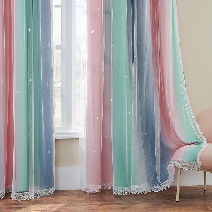 XiDi Curtains for Bedroom Decor, Rainbow Pinkgreen grey52/96 - Image 4