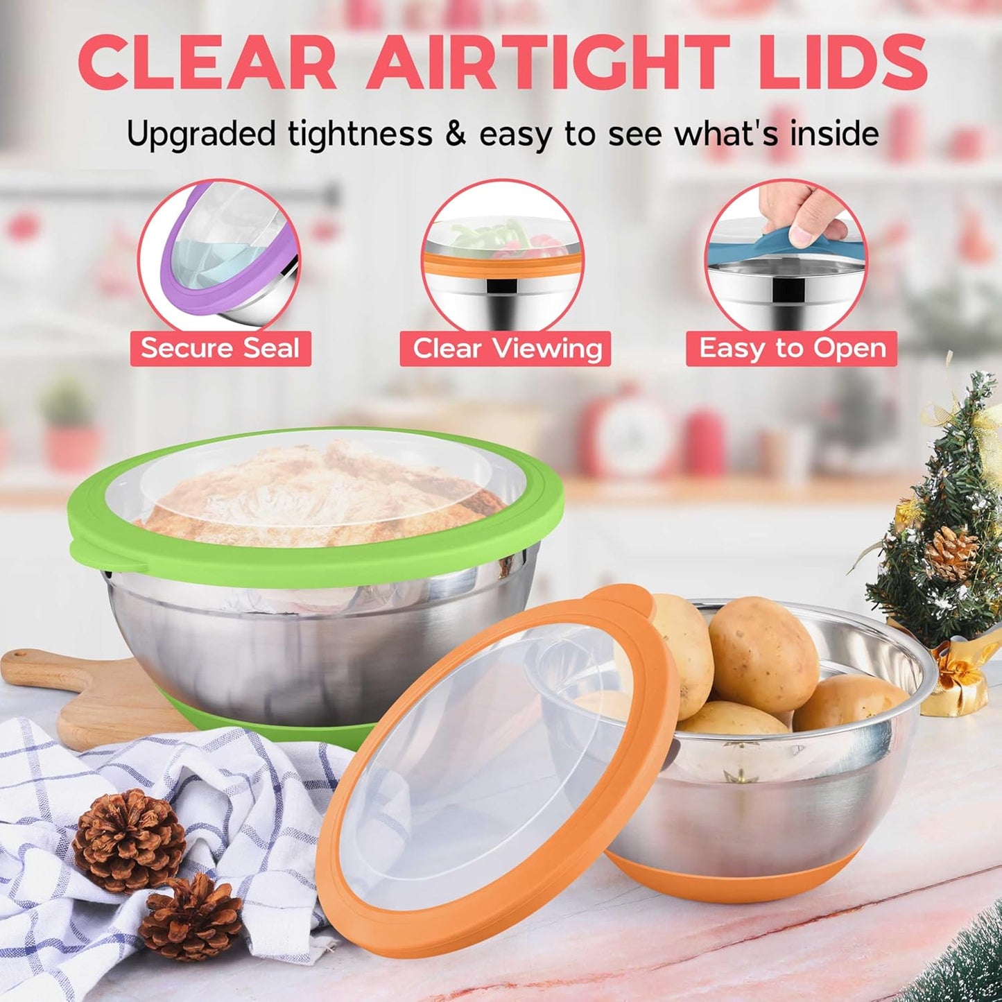 Colorful Mixing Bowl Set of 6 for Kitchen, Large Stainless Steel Metal Nesting Mixing Bowls with Airtight Lids, Non Slip - Size 1, 1.5, 2, 2.6, 3.5, 7QT