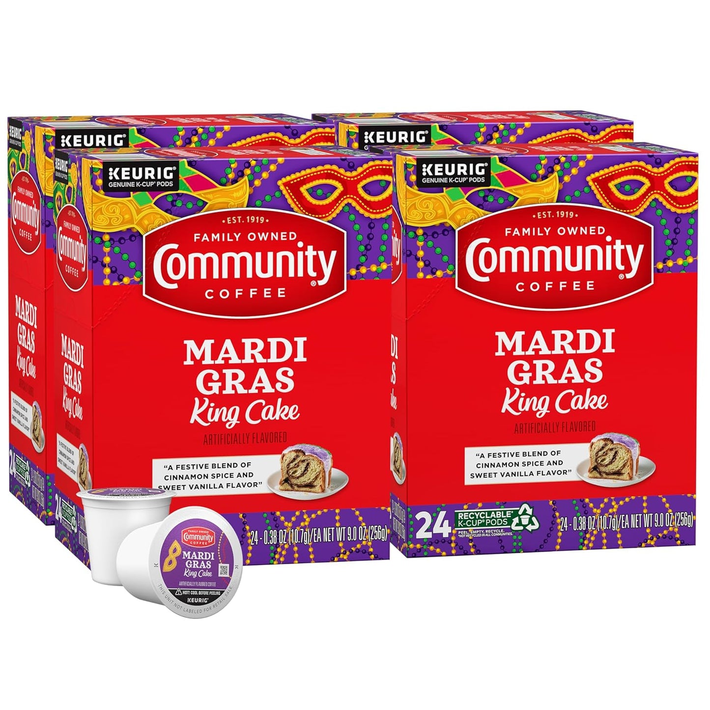 Community Coffee Mardi Gras King Cake Flavored 96 Count Coffee Pods, Medium Roast, Compatible with Keurig 2.0 K-Cup Brewers, 24 Count (Pack of 4)
