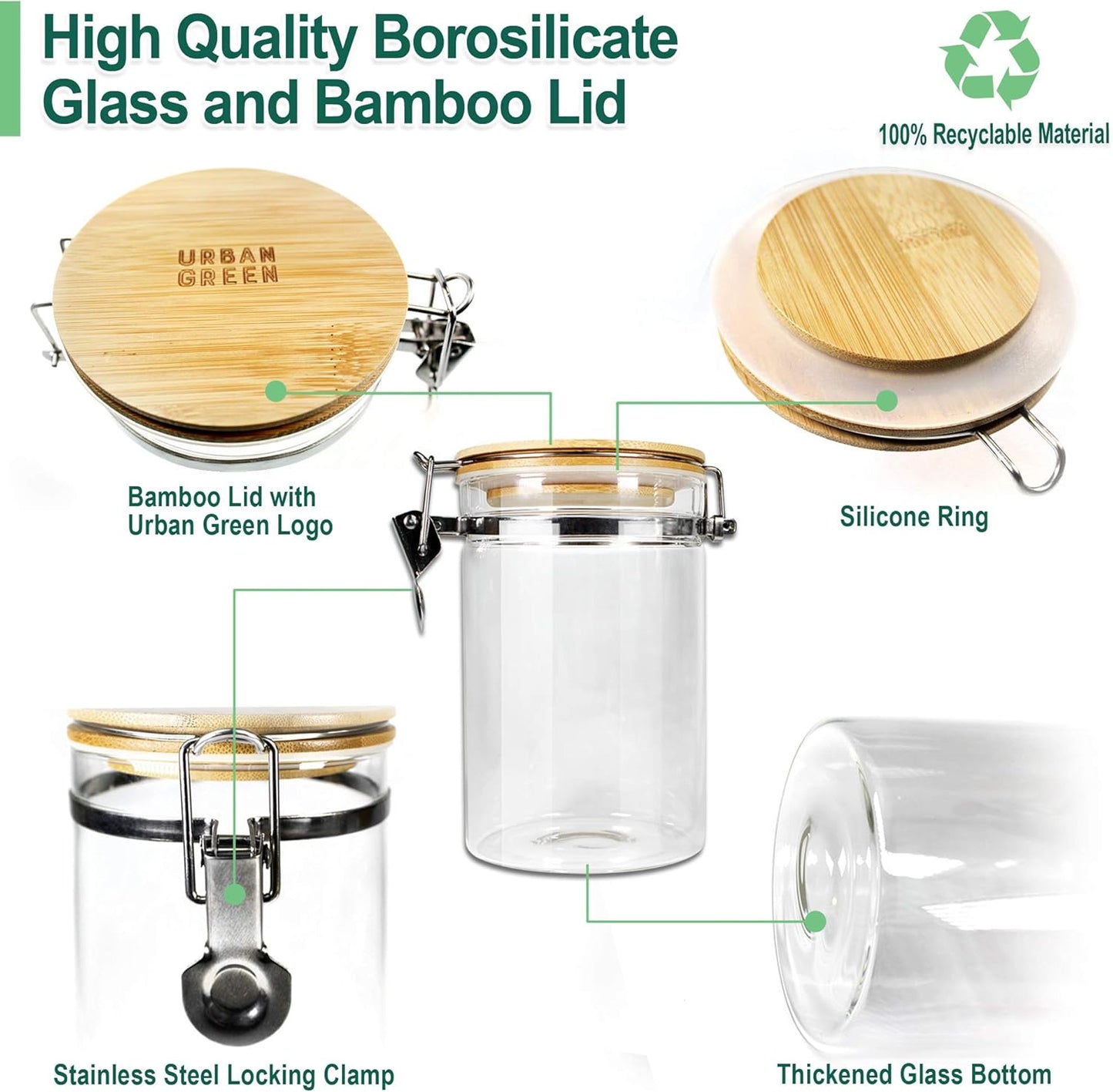 Urban Green Borosilicate Glass Storage Jars with Airtight Locking Clamp Lids, Airtight Canister Set，Coffee Set of 3 with Spoon (50oz, 24oz, 18oz), Storage Containers with Bamboo Lid