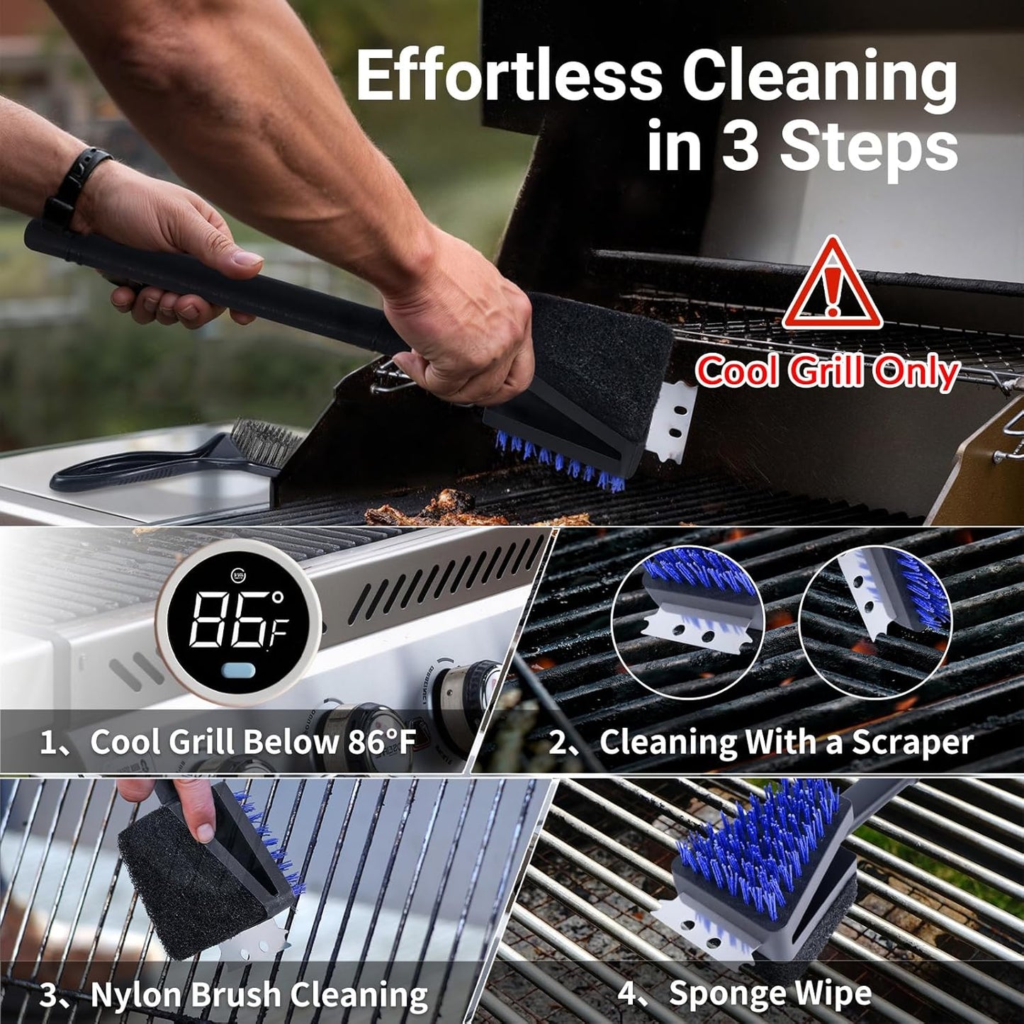 Nylon Grill Brush No Wire Bristle Barbecue Brush Grill Cleaning Kit, Safe Grill Scraper Brush for Outdoor Grill Cleaner with Hole, BBQ Brush Accessories Clean Cool Grates, Gift for Men/Dad 2-Piece Set