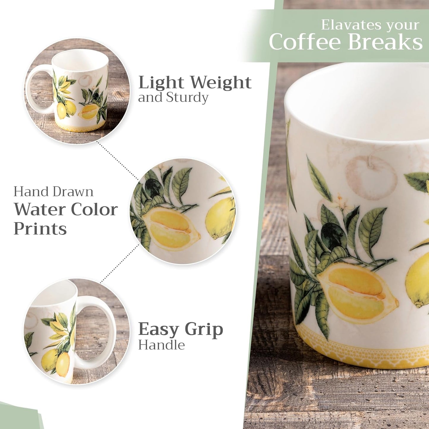 Maison d' Hermine Coffee Mug with Handles Fine Bone China Mugs Pack of One Tea Cups for Hot Beverages Cappuccino Latte Home Restaurant Office Perfect for Gift (Limoncello - Verna, 12 Ounce)