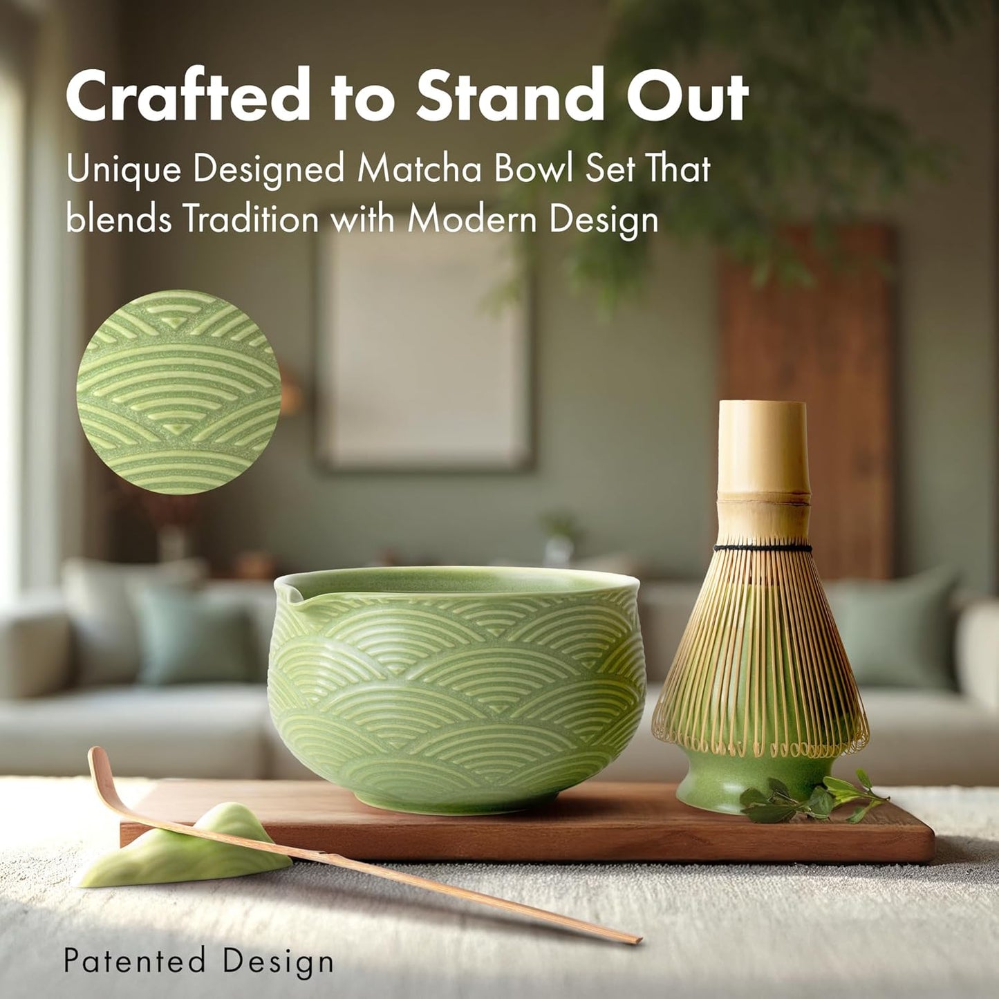 Matcha Whisk Set (7 Pcs) - Complete Matcha Set, Matcha Bowl with Spout, Whisk with Holder, Bamboo Scoop with Rest and Sifter, Perfect Kit for Matcha Lovers (Green Mist)