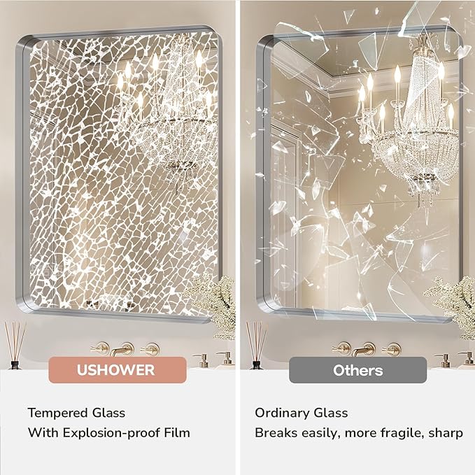 USHOWER Brushed Nickel Bathroom Mirror 30"x40", Rounded Corner, Aluminum Frame - Image 4