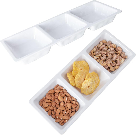 Divided Serving Tray, 14.75”x 6” Reusable 3-Section Party Platters, Condiment Serving Dishes for Entertaining, Ideal for Snacks, Appetizers, Fruit, Candy, Chip & Dip Set,White