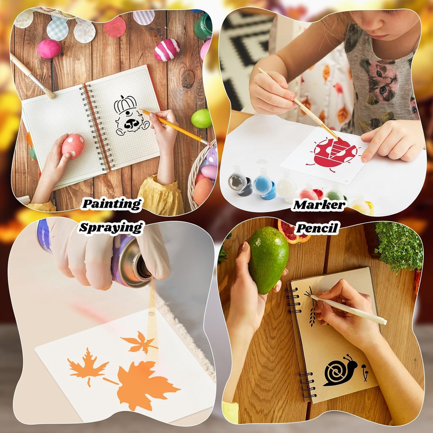 100 Pcs Stencils for Painting on Wood Reusable Stencil Crafts Drawing Templates Holiday Wall Paper for DIY Scrapbook Home 2 x 2 Inch(Maple, Pumpkin)