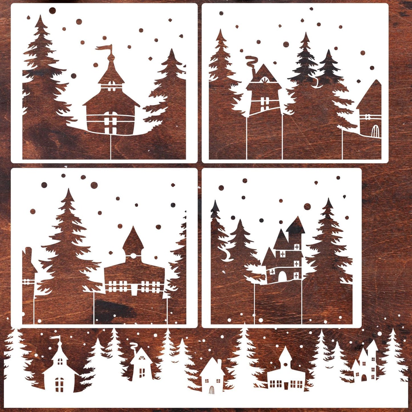 Christmas Stencils for Window Glass Large Christmas Village Stencil for Wood Christmas Tree House Holiday Drawing Templates for Painting on Wall Canvas Paper Doormat