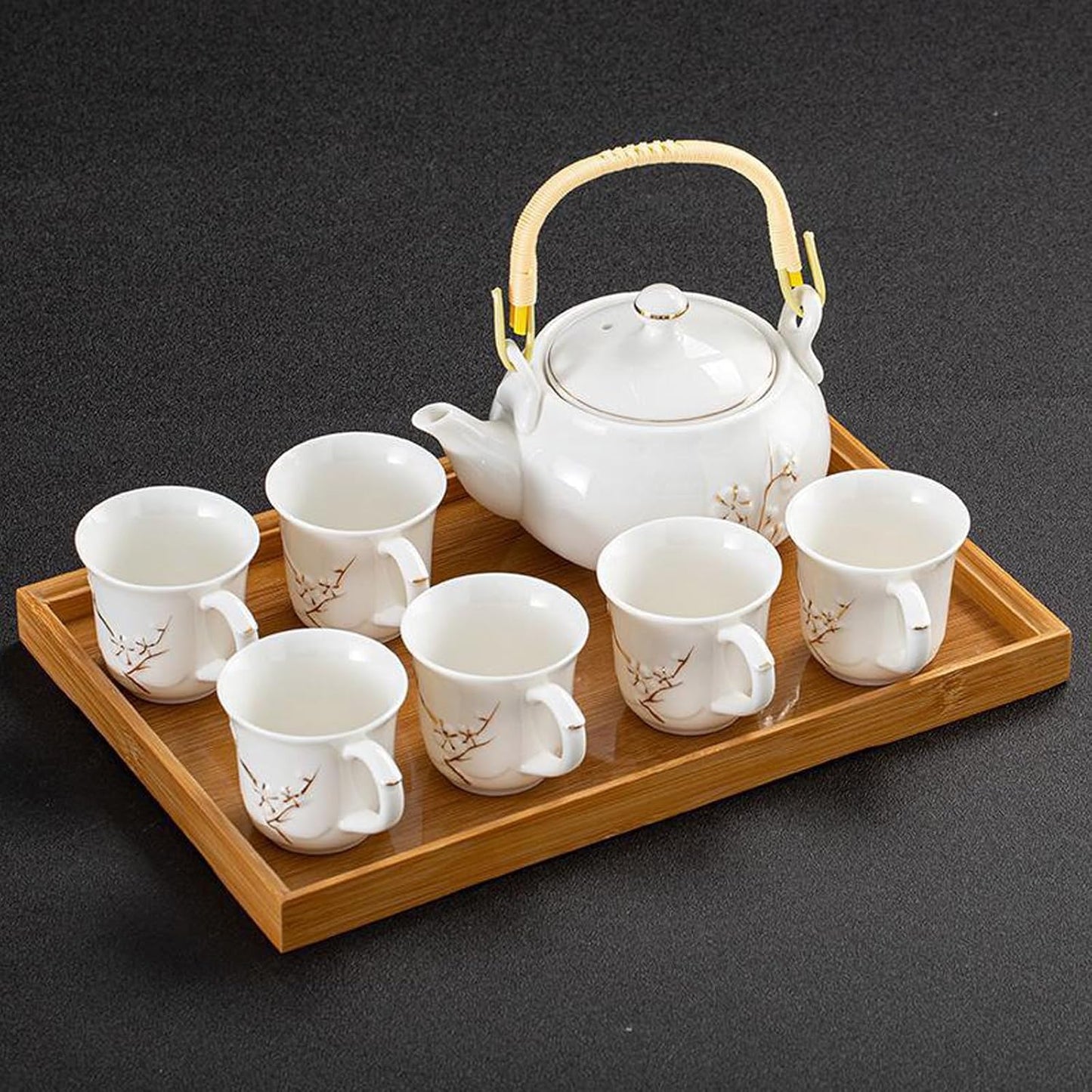 KEYDUACU Japanese Tea Set, White Ceramic Tea Set, Plum Blossom Embossed, Includes 1 Teapot, 6 Anti-scald Teacups,Tea Tray,Strainer, Used for Home, Outdoor, Gift, Chinese Kung Fu Tea Set(FDMH-FT-WHITE)