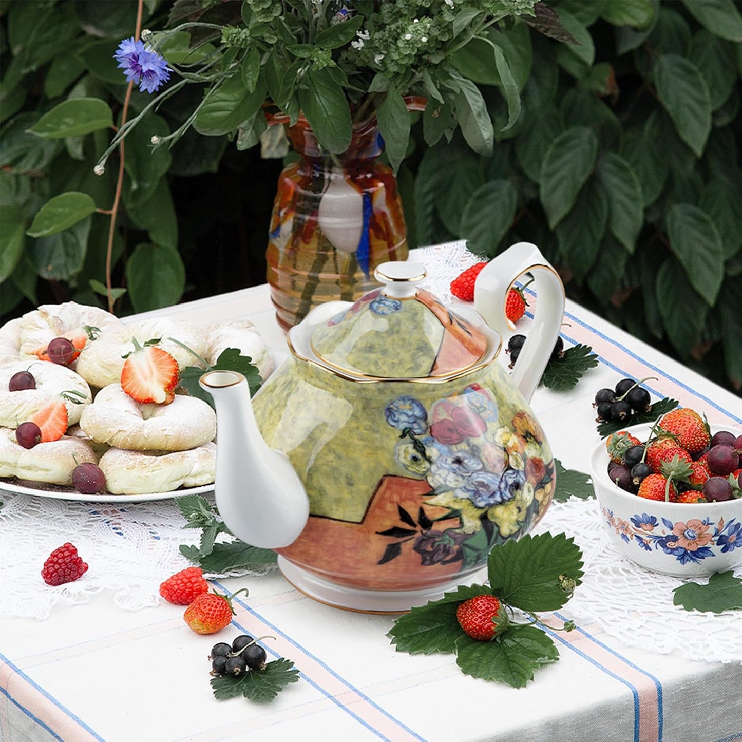 Teapot 30 oz Van Gogh Paintings Bone China Loose Tea Pot Floral Design Vintage Ceramic Coffee Water Pot European Style Porcelain (Flower Vase)