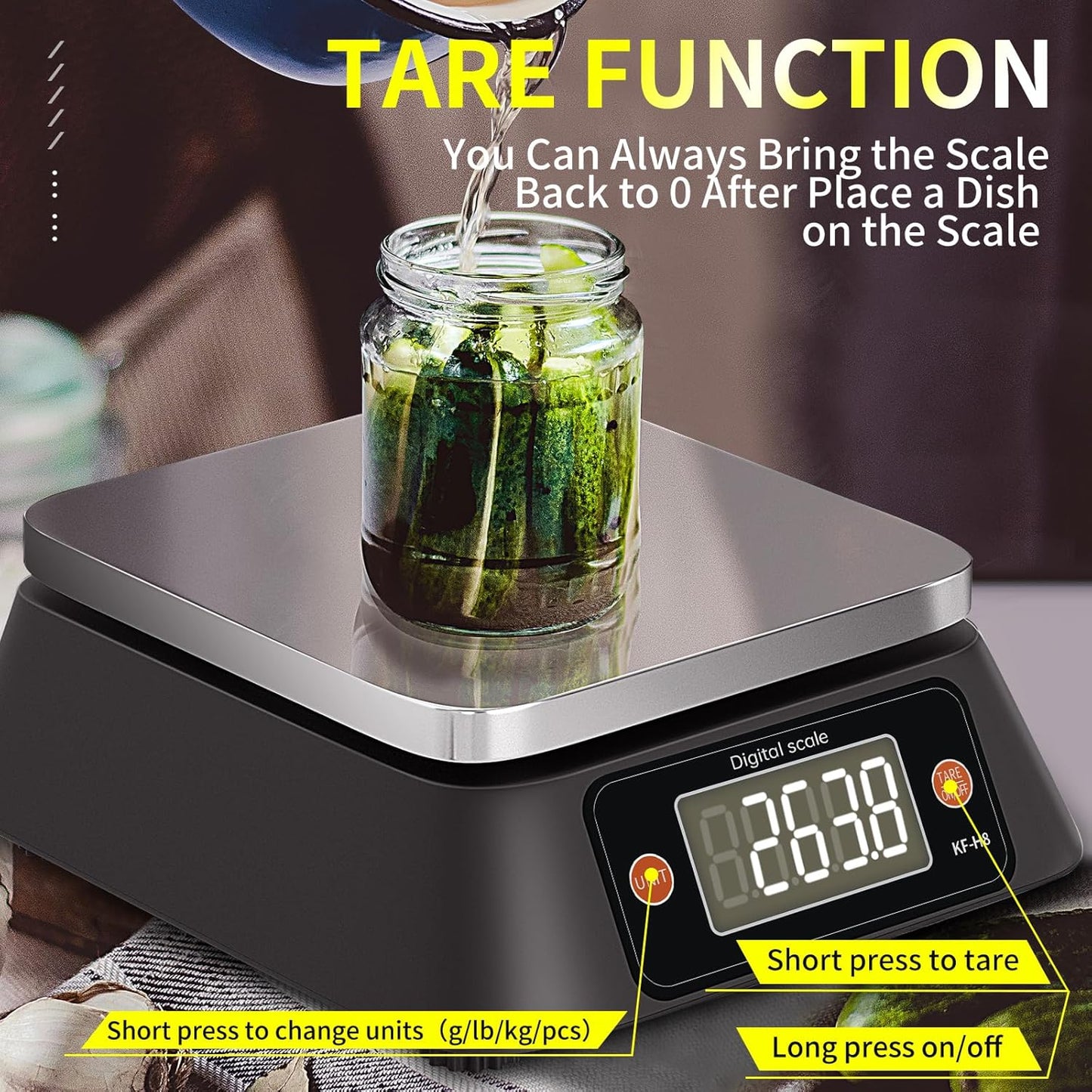 Kitchen Scales Digital Weight Grams and Ounces, YONCON KF-H8U Food Scale for Bakers, Candle and Soap Making, Baking Scale with Stainless Steel Large Platform, 22lb, 3*AA Batteries and AC Power Adapter