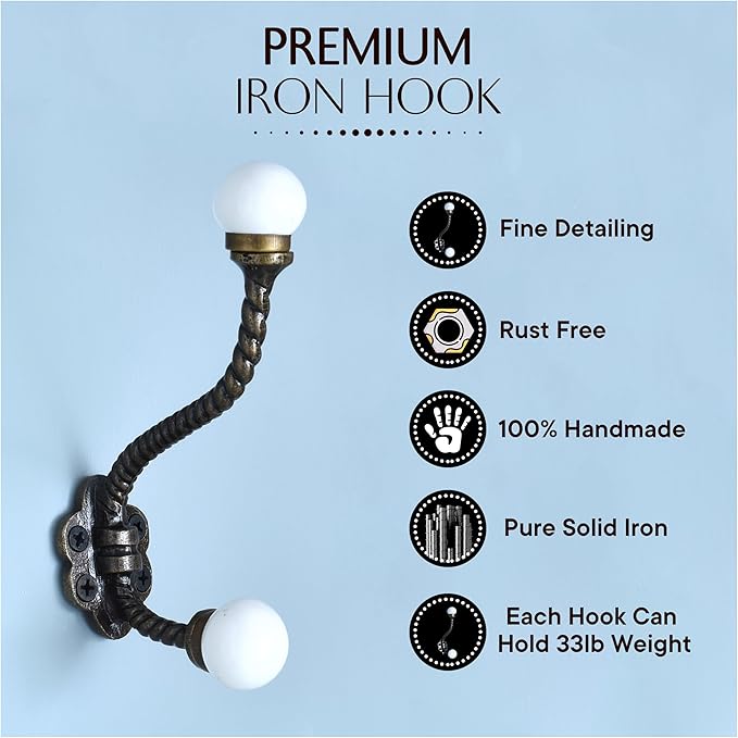 Indian Shelf 6 Pieces Heavy Duty Double Prong White Decorative Coat Hooks - Image 6