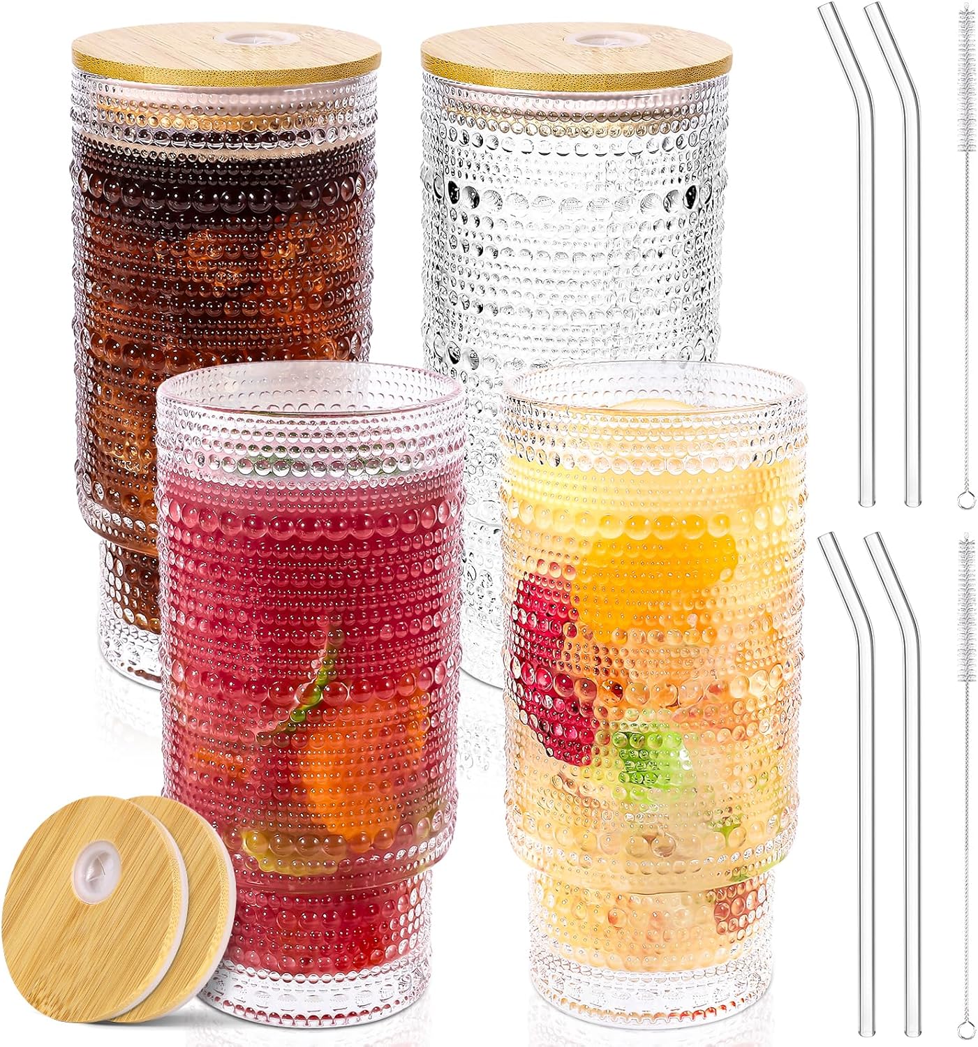 16 Oz Glass Cups with Lids and Straws, Vintage Embossed Glassware for Whiskey Cocktail Beer, Iced Coffee Cup with Lid, Glass Tumbler (4 PACK)