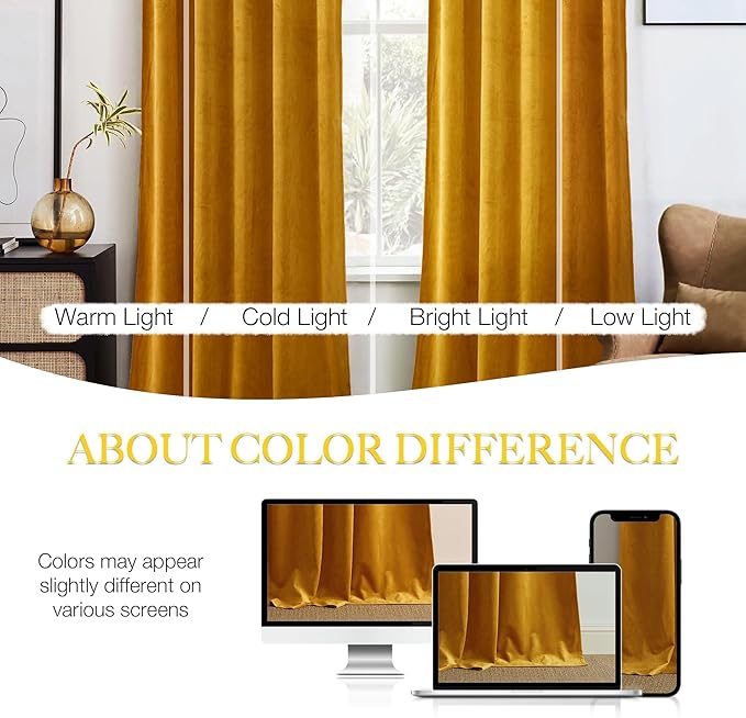 NICETOWN Yellowish Gold Velvet Curtains 108 inches Long, Bedroom Velvet Window - Image 4