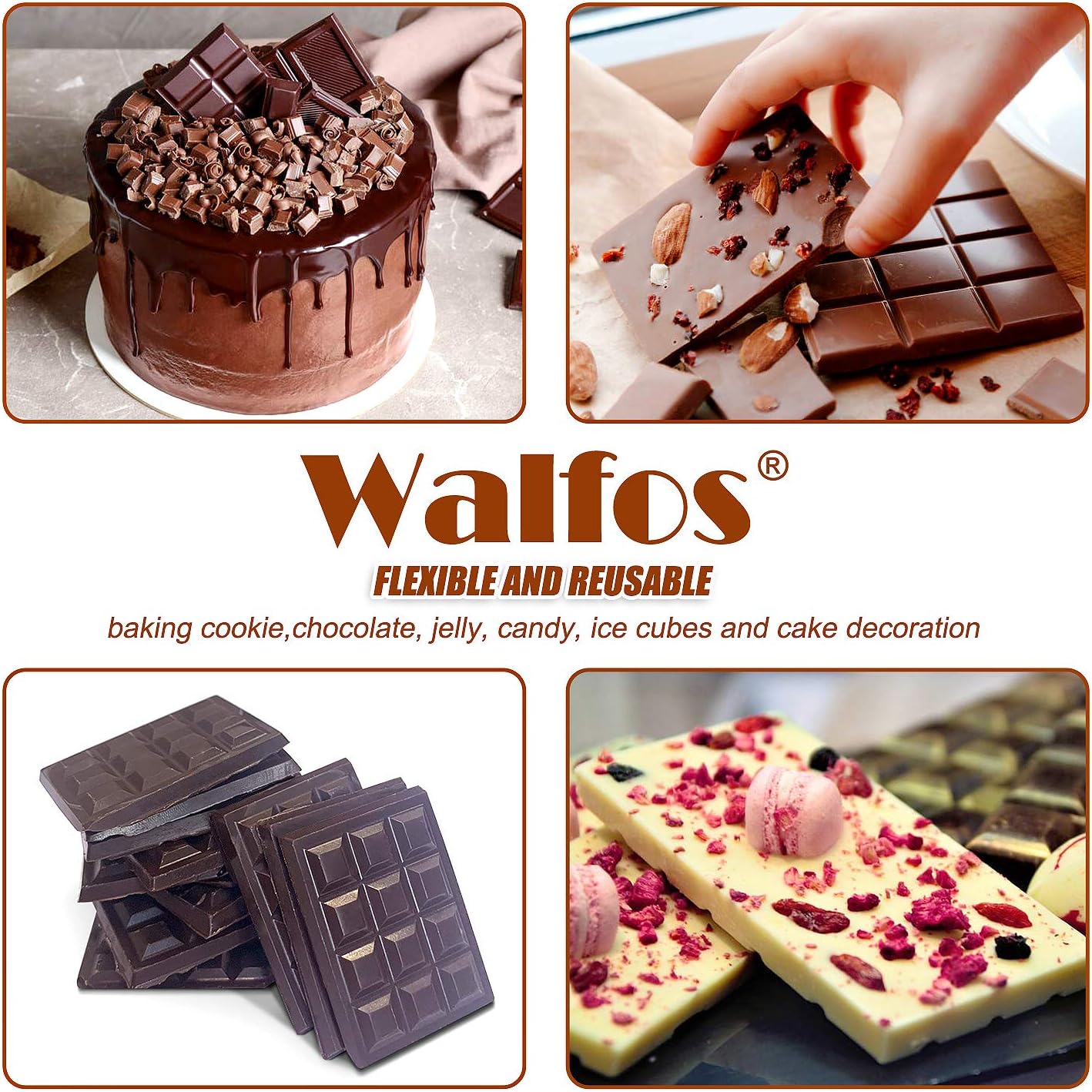 Walfos Break-Apart Chocolate Molds, Non-Stick Silicone Chocolate Bar Mold, Food Grade Candy Bar Mold, Perfect for Energy Bar, Cocoa Mini Bar, Basic Bites, 2 Pack