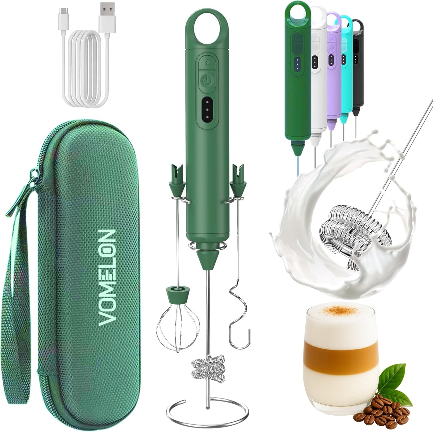 Rechargeable Milk Frother Handheld 3 Speed Coffee Foamer [3 Whisk] Electric Drink Mixer for Latte, Cappuccino, Coffee, Eggs, Hot Chocolate,Grass Green