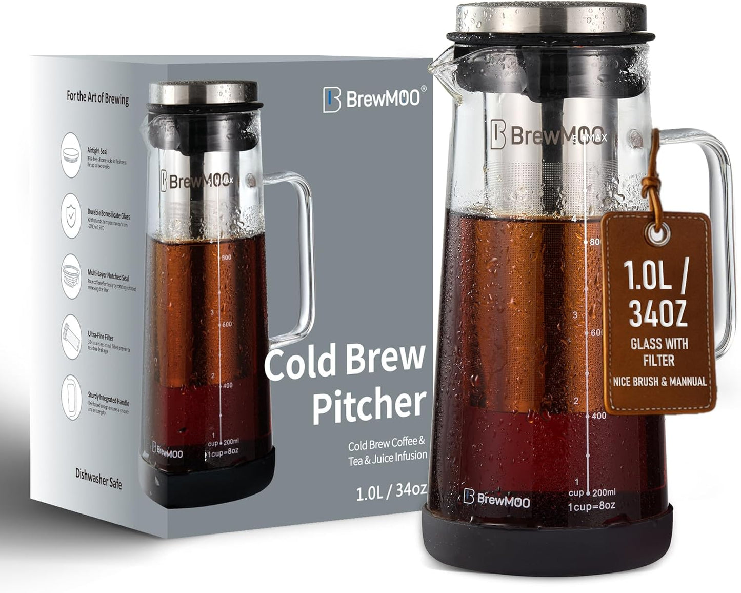 Sleek Cold Brew Coffee Pitcher & Iced Tea Maker - 1.0L/34oz Borosilicate Glass Carafe with Stainless Steel Filter, Sealed Lid & Integrated Handle, Dishwasher Safe (Black)