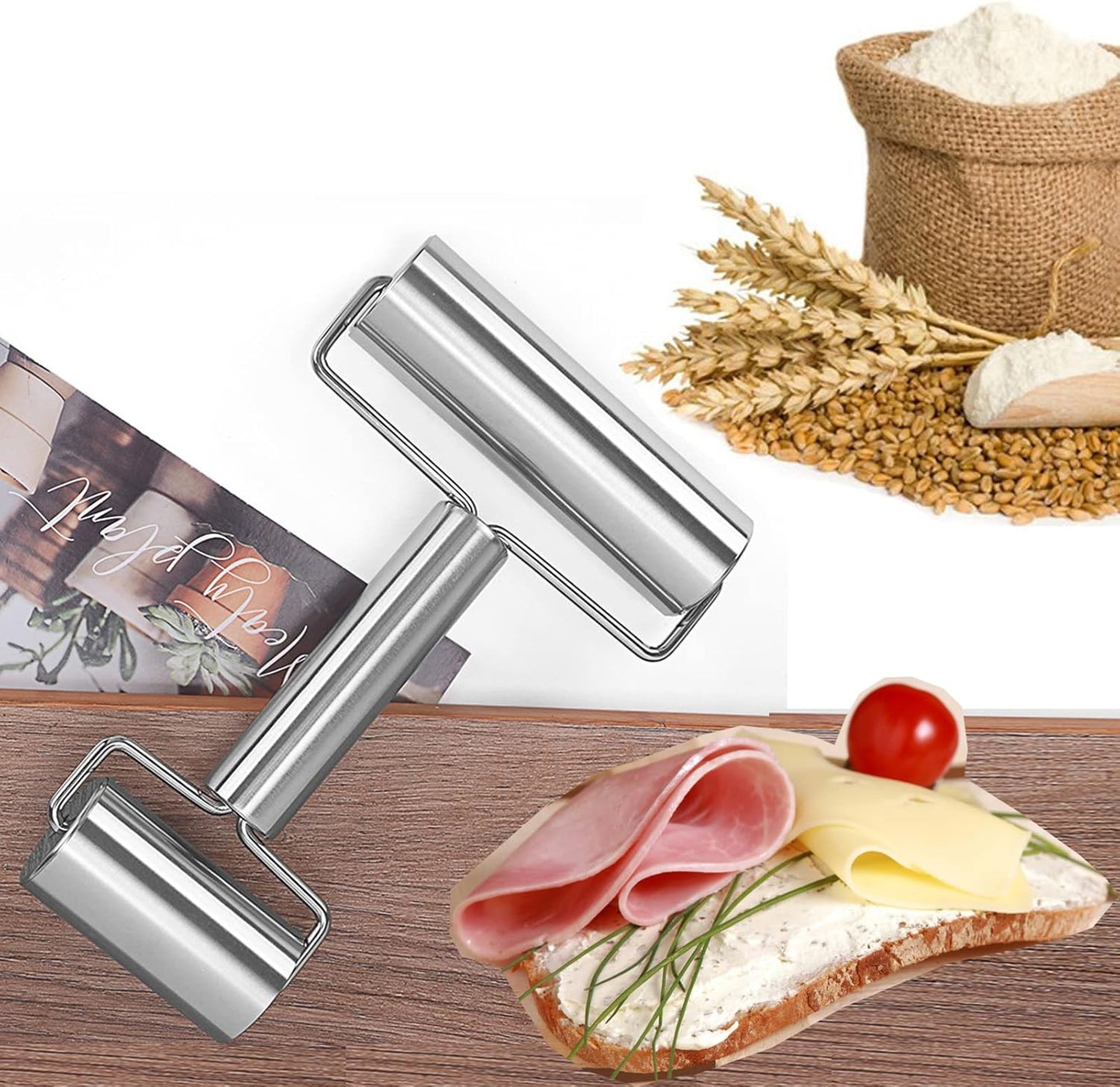 Pastry Pizza Roller, Smooth Non Stick Stainless Steel Rolling Pin Time-Saver Pizza Dough Roller for Home Kitchen Baking Cooking, H Shape Rolling Pins