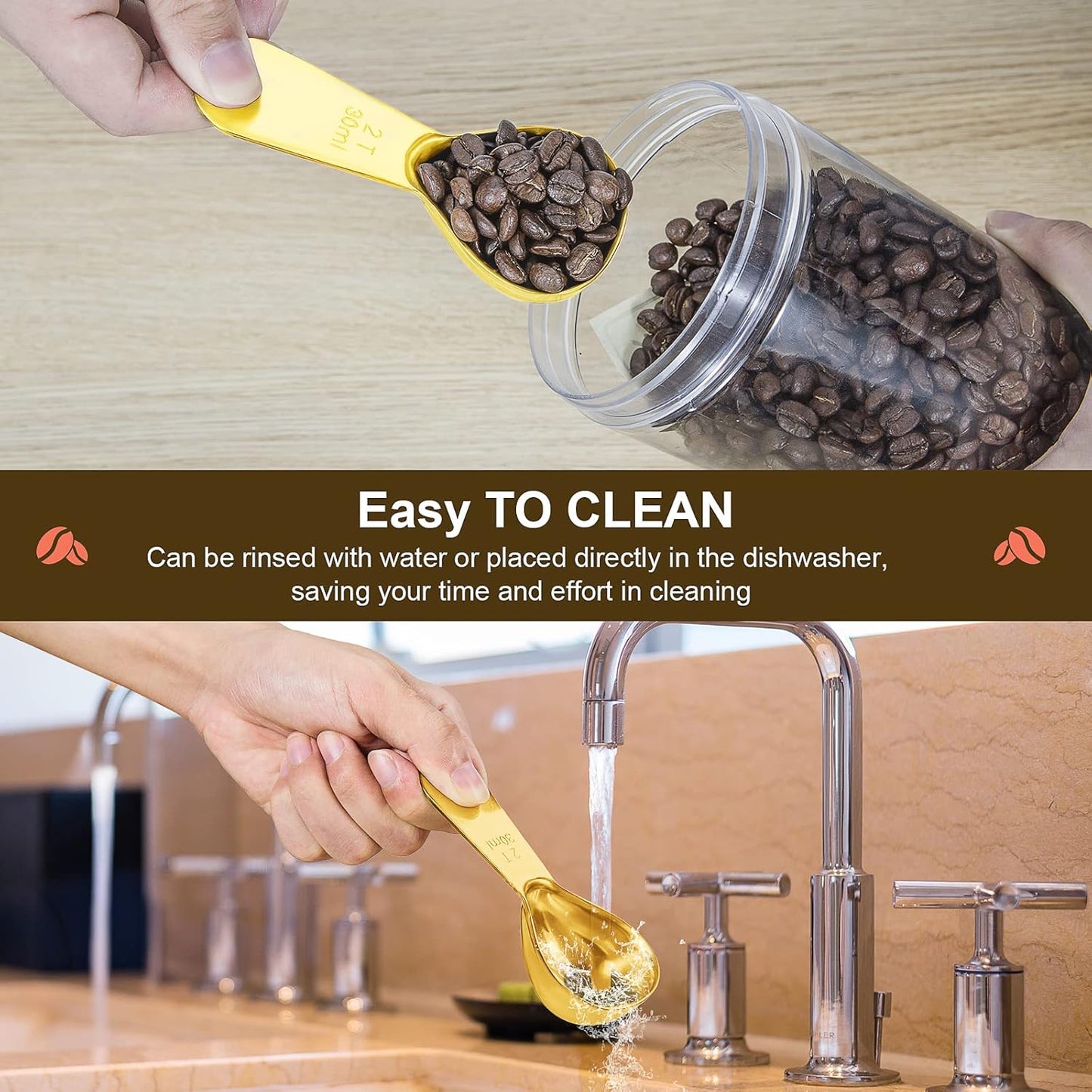 Stainless steel coffee scoop 2-piece set (1 tbsp, 2 tbsp) durable Tablespoon, ergonomic measuring spoon, Suitable for small and large jars，short-handled spoon (Gold)