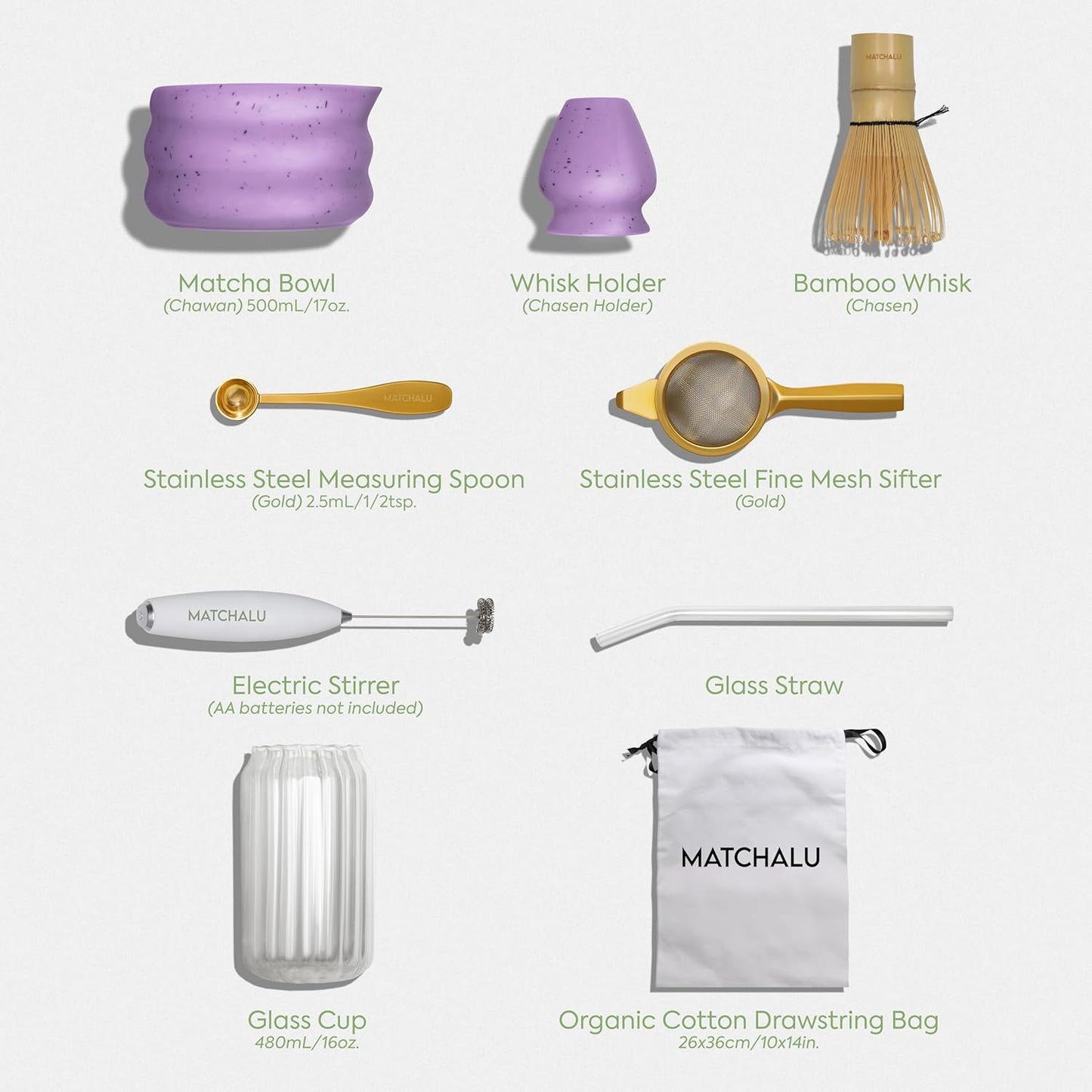 Premium 9 Piece Matcha Set Includes Ceramic Matcha Bowl, Bamboo Whisk & Holder, Stainless Steel Spoon & Sifter, Glass Cup & Straw, Electric Frother, Storage Bag - Gift for Matcha Lovers (Purple)