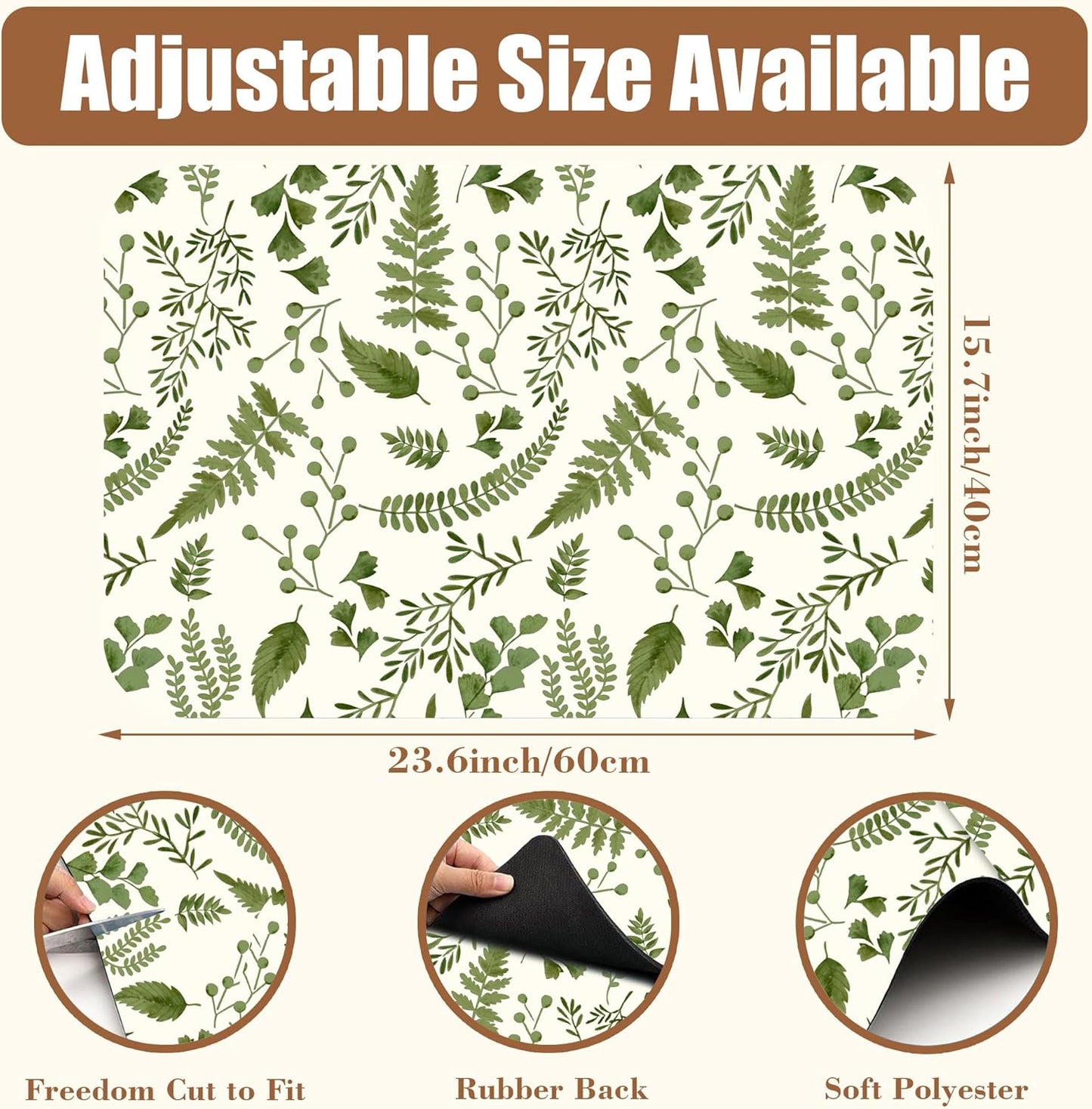 Green Leaf Coffee Mat Herb Dish Drying Mat for Kitchen Counter Hide Stain Rubber Backed Absorbent Coffee Bar Accessories Fit Under Espresso Machine, 15.7 x 23.6 Inch