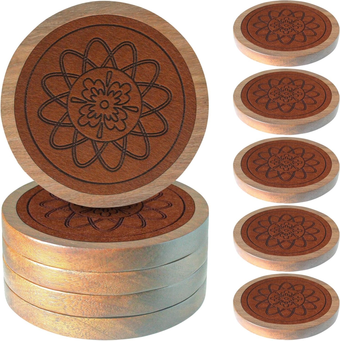 5 Pack Wood Coasters for Drinks, Minacun Absorbent Coaster Set, Drinks Coasters for Coffee Tabletop Protection, Non-Slip, Non-Stick, Suitable for Kinds of Cups Wooden Table Drink, 4.3 Inch Brown