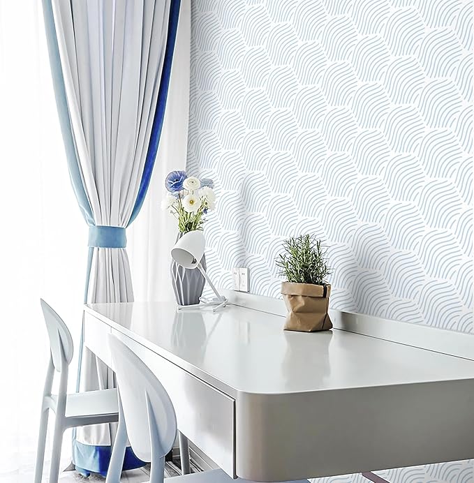 Peel and Stick Wallpaper Blue Wallpaper Geometric Wallpaper White Hexagon - Image 4