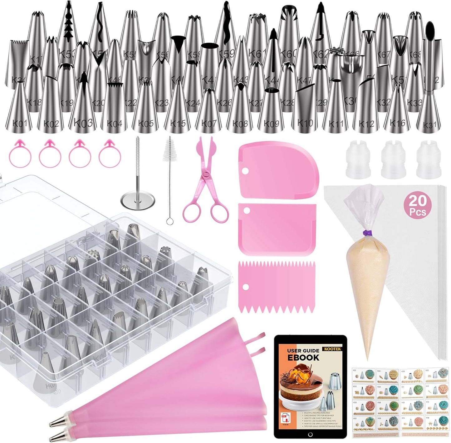 Kootek 90 PCs Piping Bags and Tips Set, Cake Decorating Supplies Kit with 55 Numbered Icing Piping Tips, 20+2 Pastry Bags for Cake Cupcake, Frosting Piping Kit with Booklet and eBook