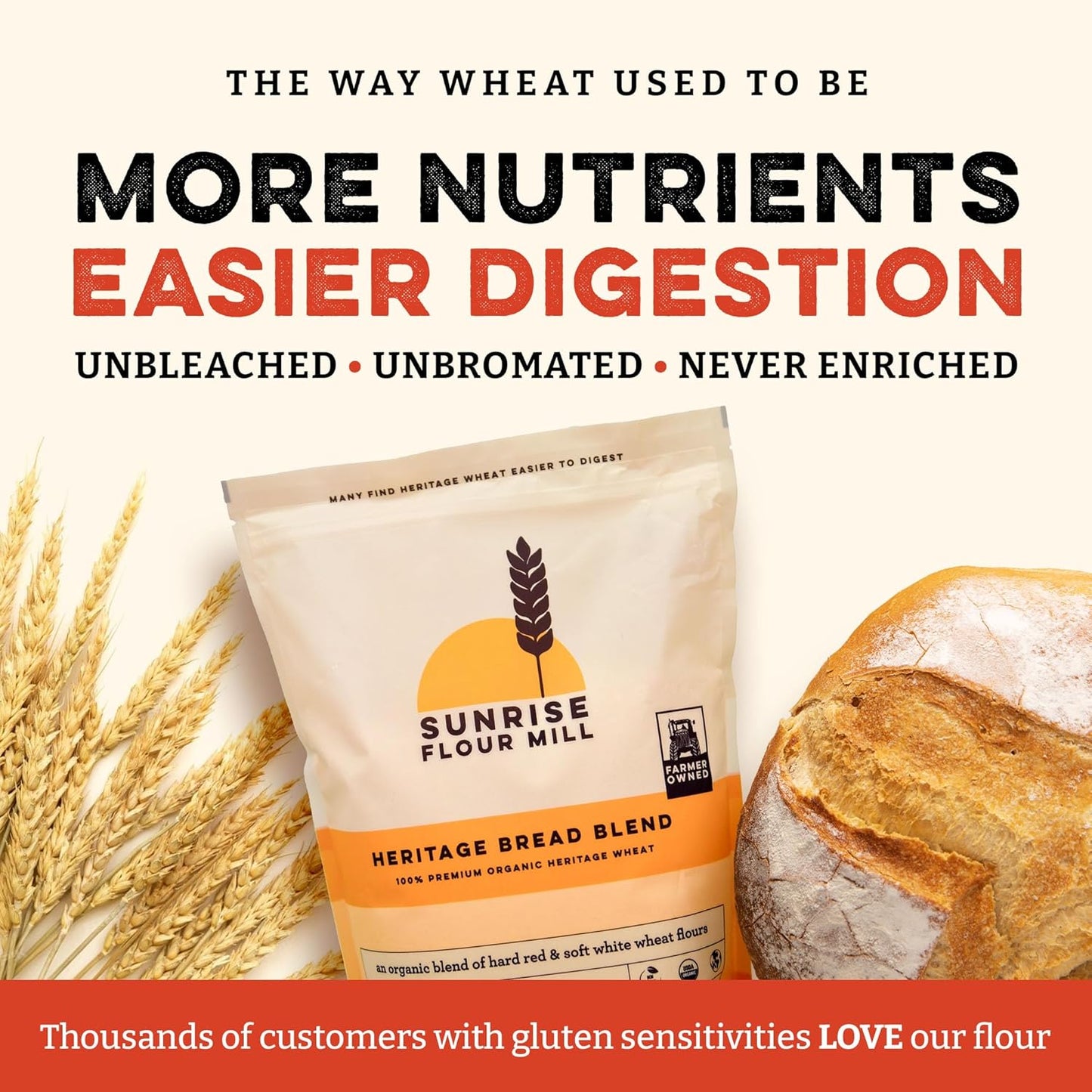 Sunrise Flour Mill Heritage Organic Bread Flour Blend - 5 lbs | Organic Unbleached Bread Flour Easy to Digest with Less Bloating | High Protein, Superior Baking | Smooth, Nutty Flavor