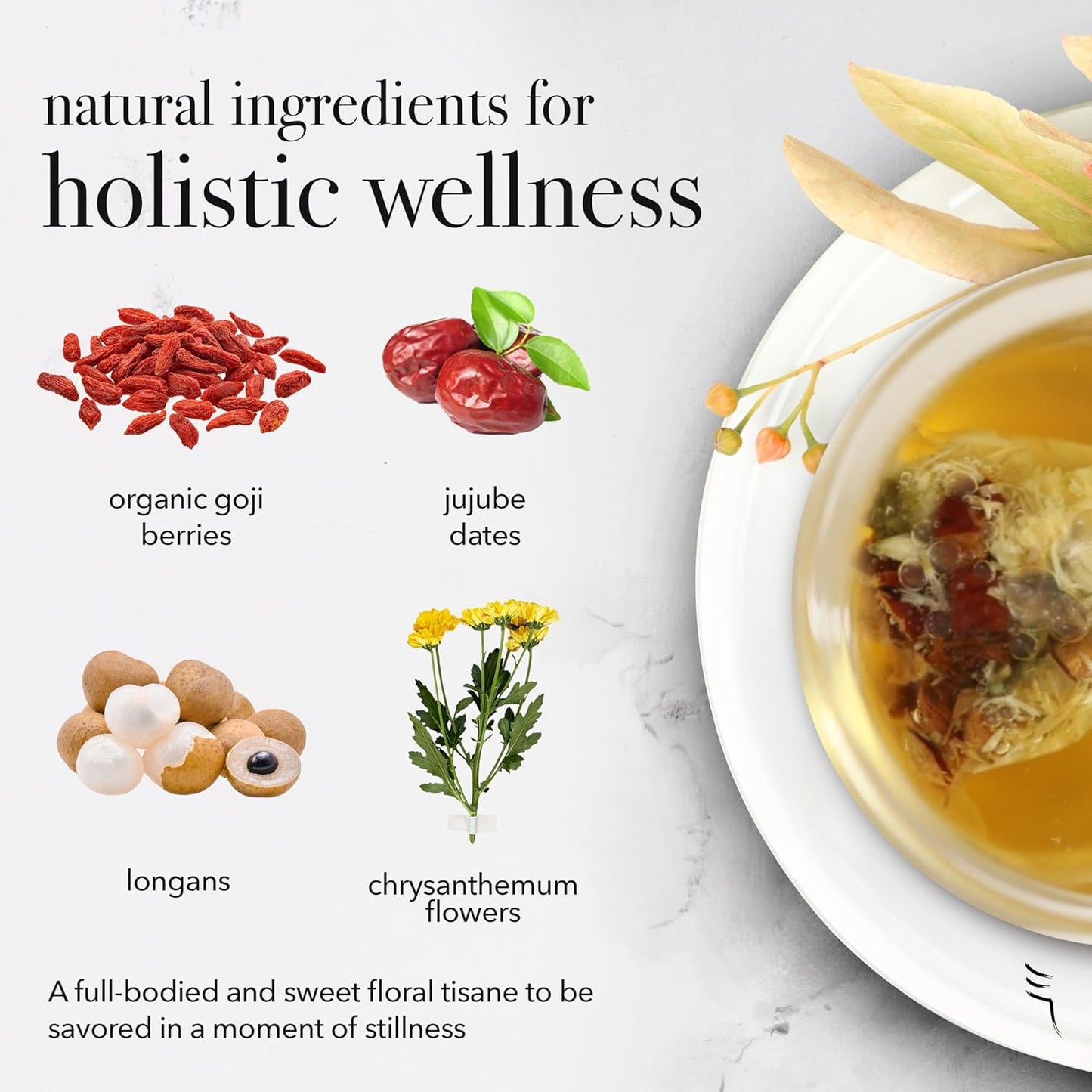 qìsane Chrysanthemum Tea Bags with Organic Dried Goji Berries - Dried Chrysanthemum Flowers, Dried Longan Fruit & Jujube Dates - Herbal Tea to Support Calmness & Well-Being - 10 sachets (~30 cups)