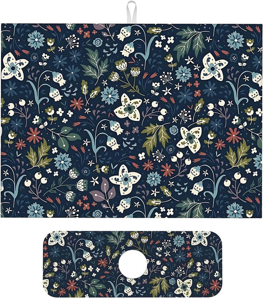2Pcs Dish Drying Mats Faucet Mats Sets Large Size Coffee Mats Sink Faucet Mat Splash Guard for Kitchen Counter Bathroom Sink Coffee Bar Kitchen Decor (Cute Wildflowers, 18"x24" 15" x 5.5"Set)