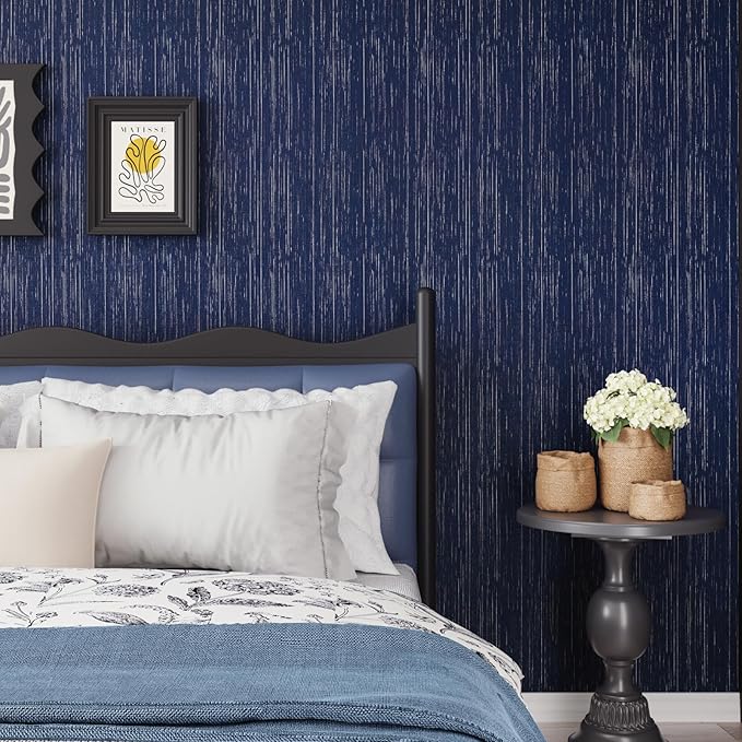 CRE8TIVE Dark Blue Grasscloth Peel and Stick Wallpaper Textured Blue Contact - Image 7