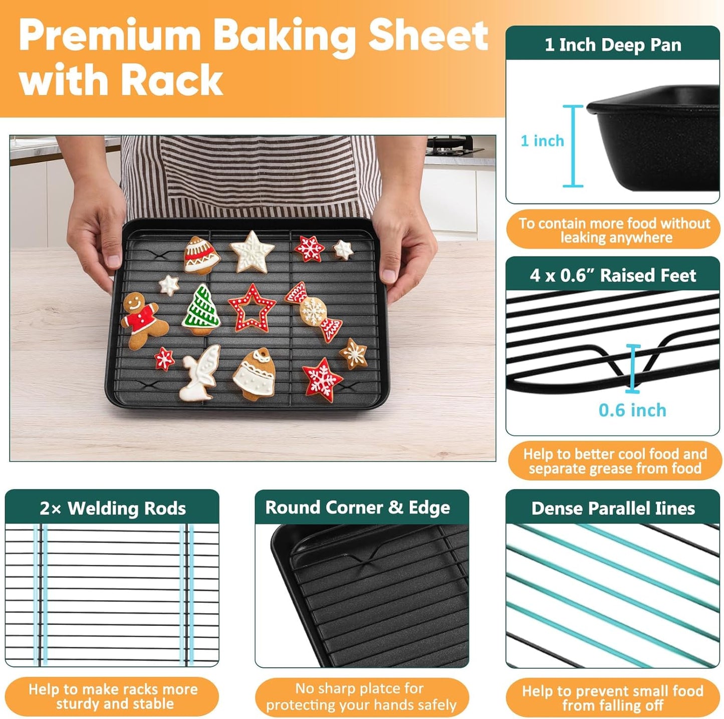 P&P CHEF Baking Oven Sheet Pan with Rack for Cookie, Nonstick Oven Tray and Cooling Rack for Baking & Roasting, Easy Clean, Black, 12.4 x 9.7 Inch