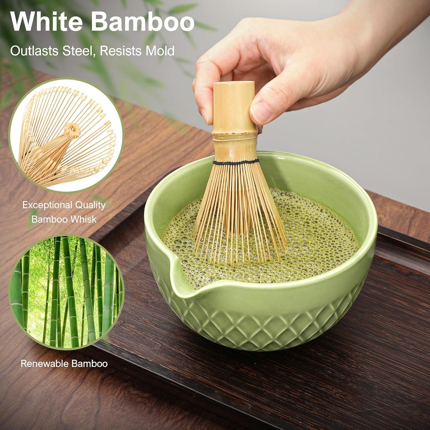 Matcha Whisk Set, 7 Pcs Matcha Kit, Ceramic Matcha Set Includes Matcha Bowl with Spout, Matcha Whisk and Holder, Bamboo Scoop, Scoop Rest, Sifter and Tea Towel (Matcha Green)