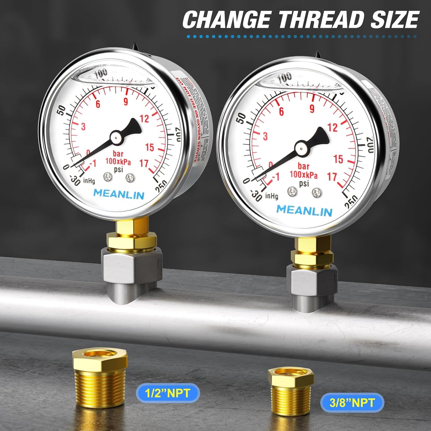MEANLIN MEASURE -30inHG~250Psi Stainless Steel 1/4" NPT 2.5" FACE DIAL Vacuum Pressure Gauge, Lower Mount, with 1/4" x 1/2" NPT and 1/4" x 3/8" NPT Hex Bushing