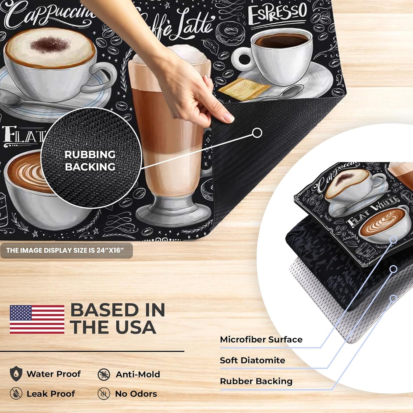 Dish Drying Mat Super Absorbent – 12" x 18" Coffee Mat for Countertops – Non-Slip Drying Mat for Kitchen Counter – Easy to Clean Water Absorbent Mat – Quick Dry Dish Drying Mats (Americano)