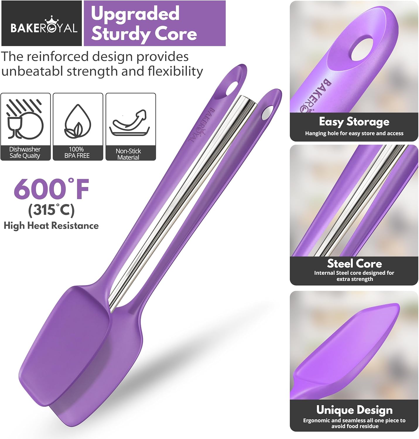 Silicone Spatula Set - 4-Piece Rubber Spatulas Silicone Heat Resistant 600°F for Everyday Task - Seamless Design Kitchen Spatulas for Nonstick Cookware - Purple