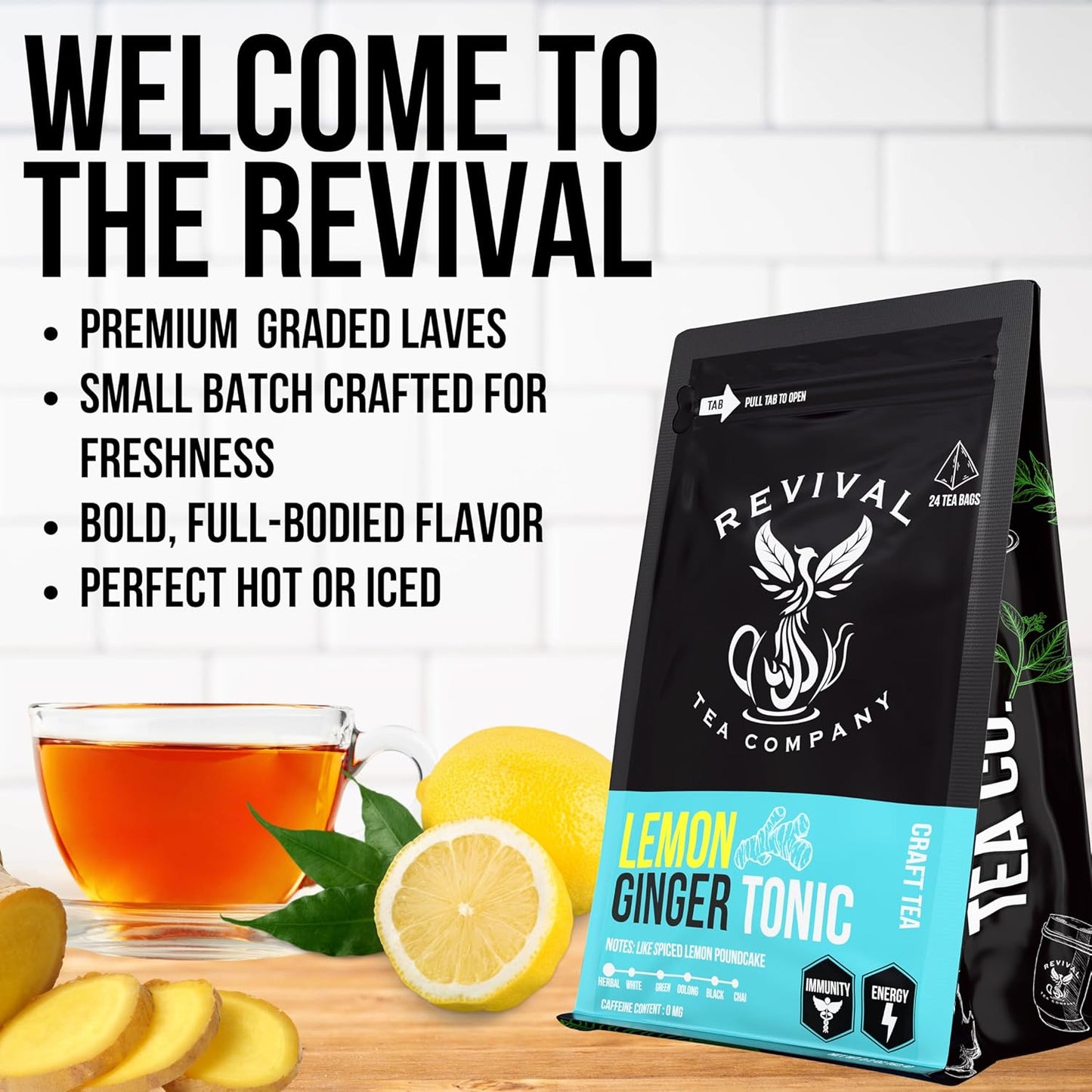 Revival Tea Company Lemon Ginger Tonic - Caffeine Free Tea Blend with Lemongrass and - Loose Leaf 5 Ounces