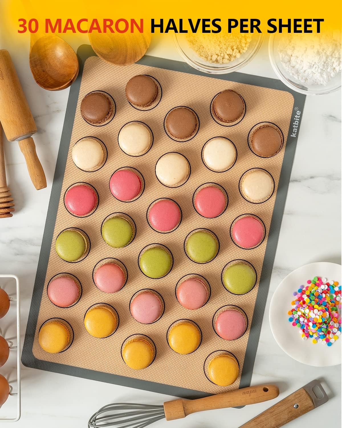 Macaron Silicone Baking Mats, Katbite Silicone Macaroons Baking Mat Set of 2 Half Sheet (11 5/8" x 16 1/2") Reusable & Nonstick Macarons Baking Supplies Silicone Bakeware Mats for Macarons Cookies