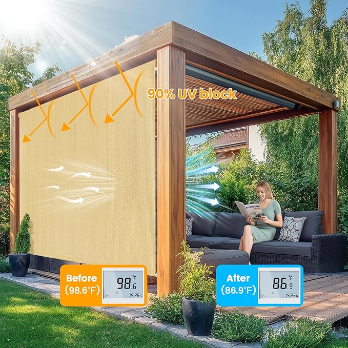 6'W x 6'H Sesame Patio Shades Roll up Outdoor Roller Shade Crank Wand Blind - Image 2