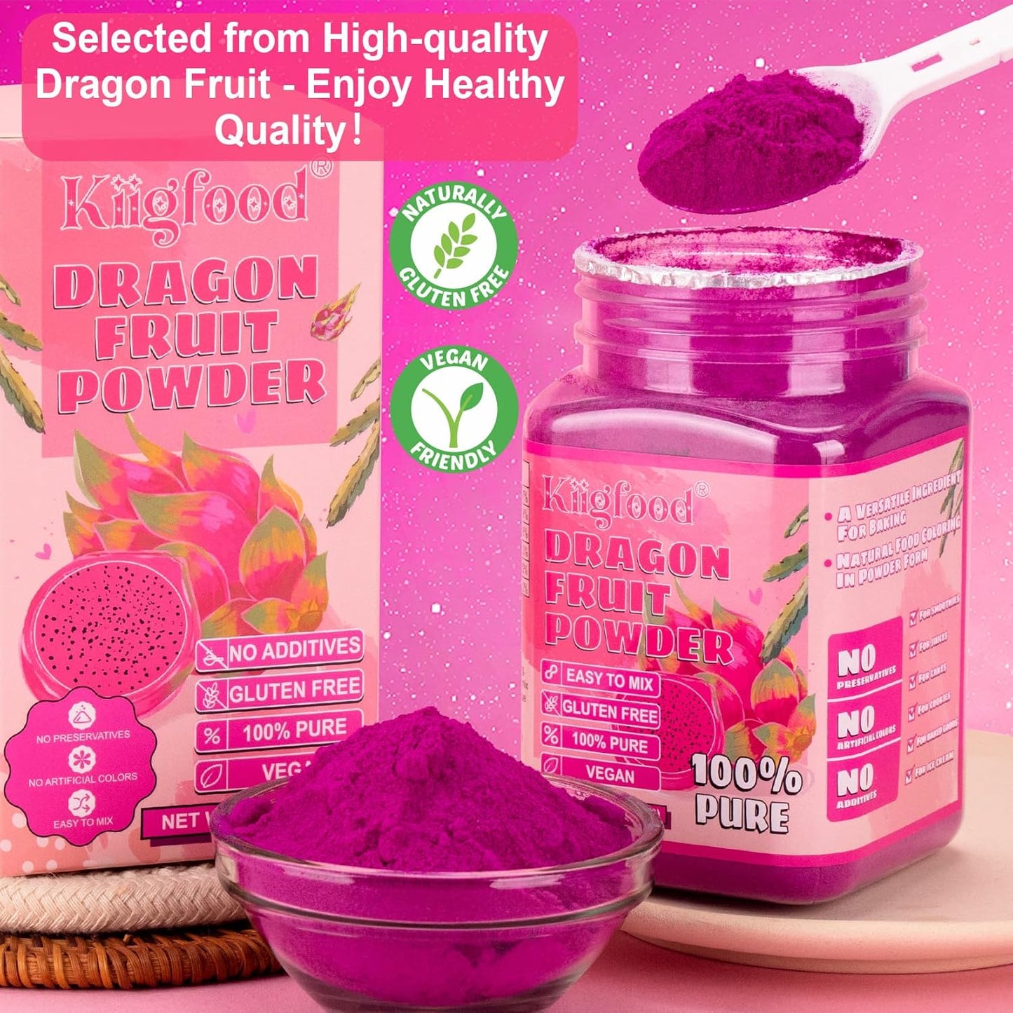 Dragon Fruit Powder - Kiigfood 5.3 oz/150g Natural Fruit Powder, Freeze-Dried Pink Pitaya Powder for Dragon Fruit Syrup, Drink, Baking, Smoothies, Cocktail, Food Coloring - Vegan, Non-GMO, Gluten-Free