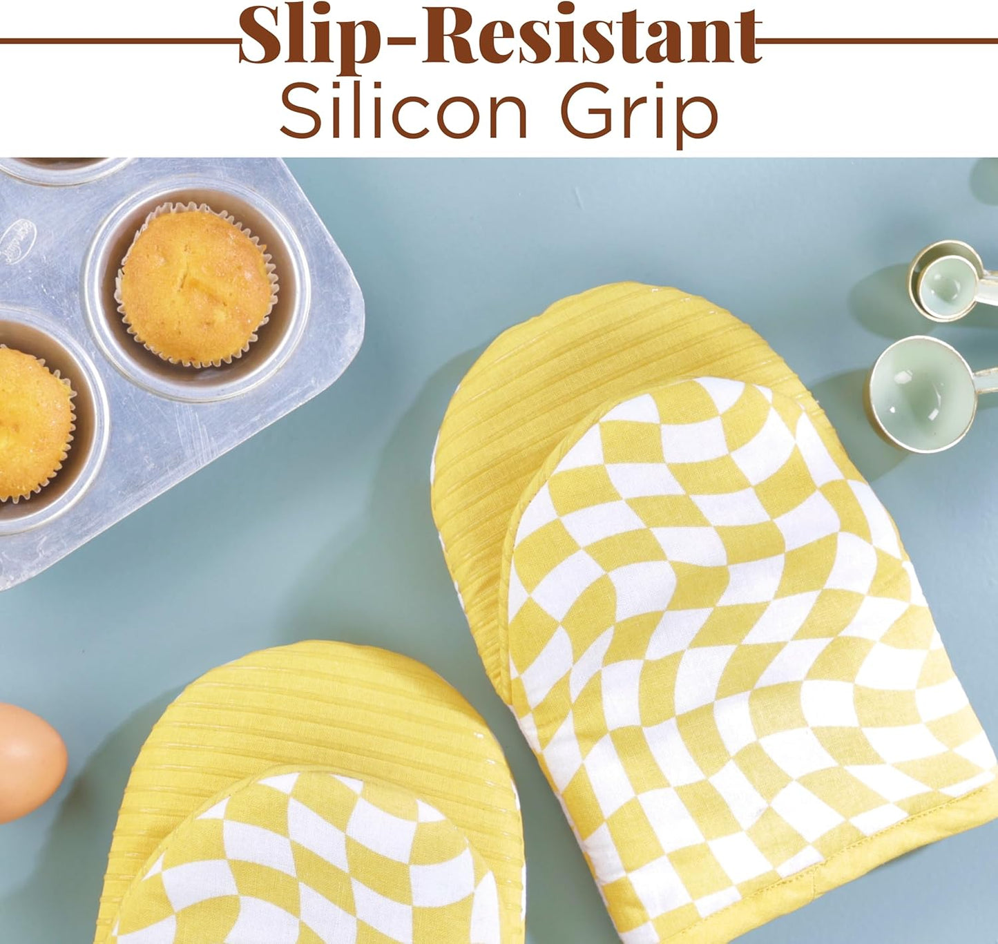 Folkulture Mini Oven Mitts or Short Oven Mitts | (5.75 x 9) Set of 2 Cotton Yellow Oven Mits Heat Resistant for Kitchen Decor | Yellow Check Kitchen Mittens or Oven Mitt with Hanging Loop