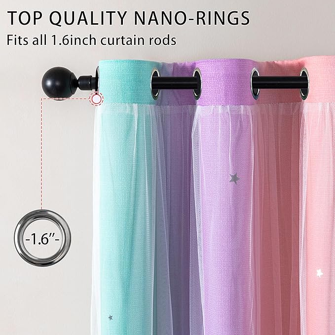 XiDi Curtains for Bedroom Kids Rainbow Pink Purple Green Curtains for Girls - Image 2