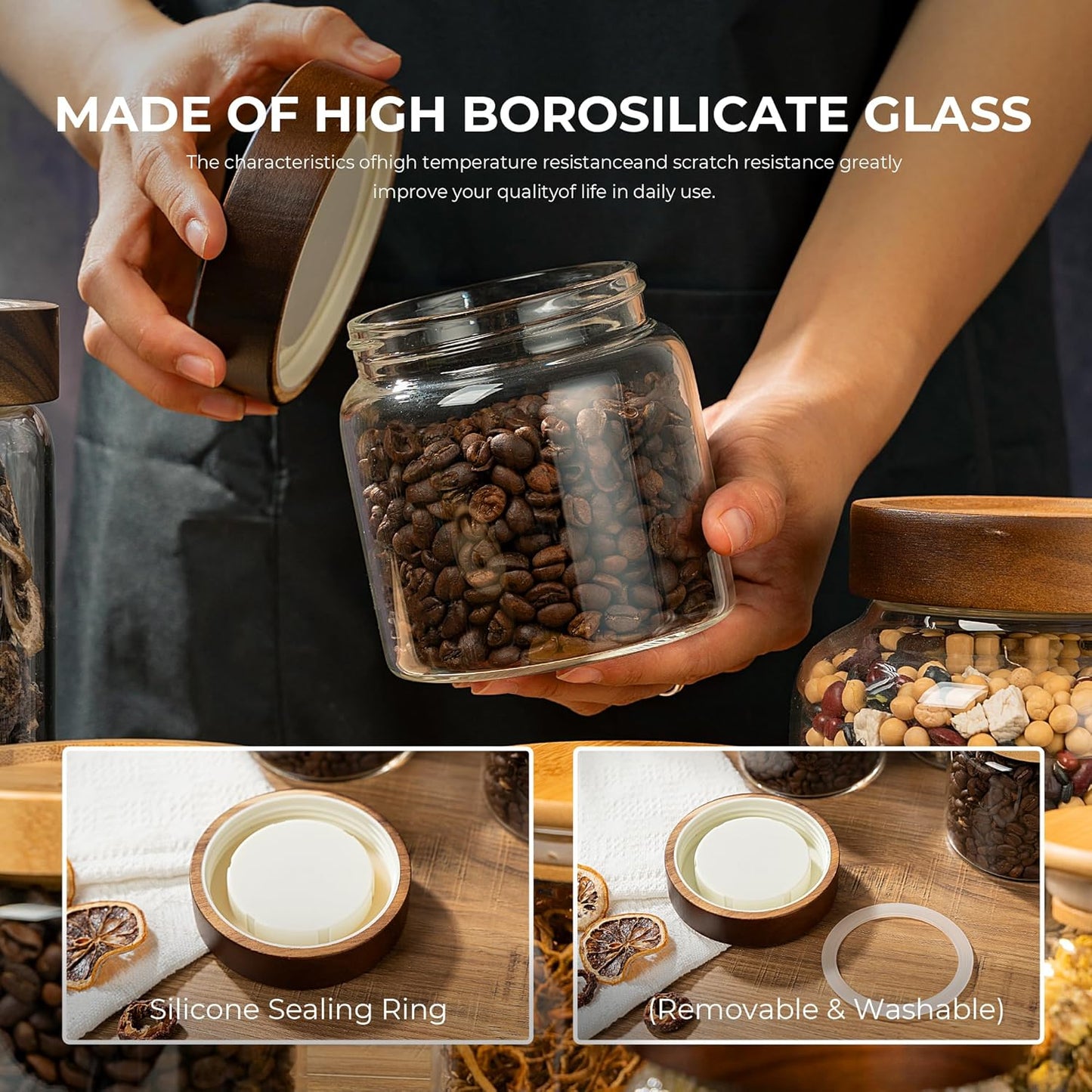 1PC Small Glass Storage Jars with Airtight Lids, 18 fl oz (550ml) coffee container with Wooden Lid, Glass Pantry Canister for Beans, Rice, Sugar and etc