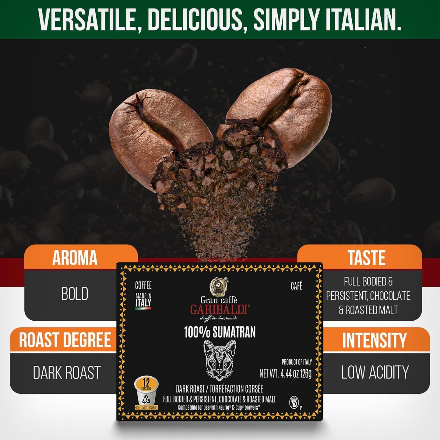 Caffè Garibaldi Sumatran Coffee Pods, Single-Serve Capsules for Keurig K-Cup Brewers, 100% Arabica Blend, Recyclable Pods, 12 Count - Dark Roast