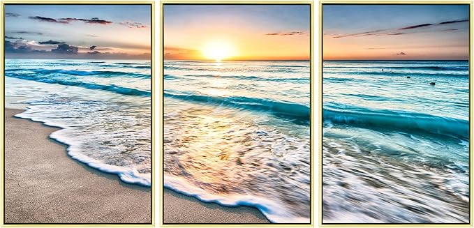 Wieco Art Framed Wall Art 3 Panels Blue Beach Canvas Art - Image 7